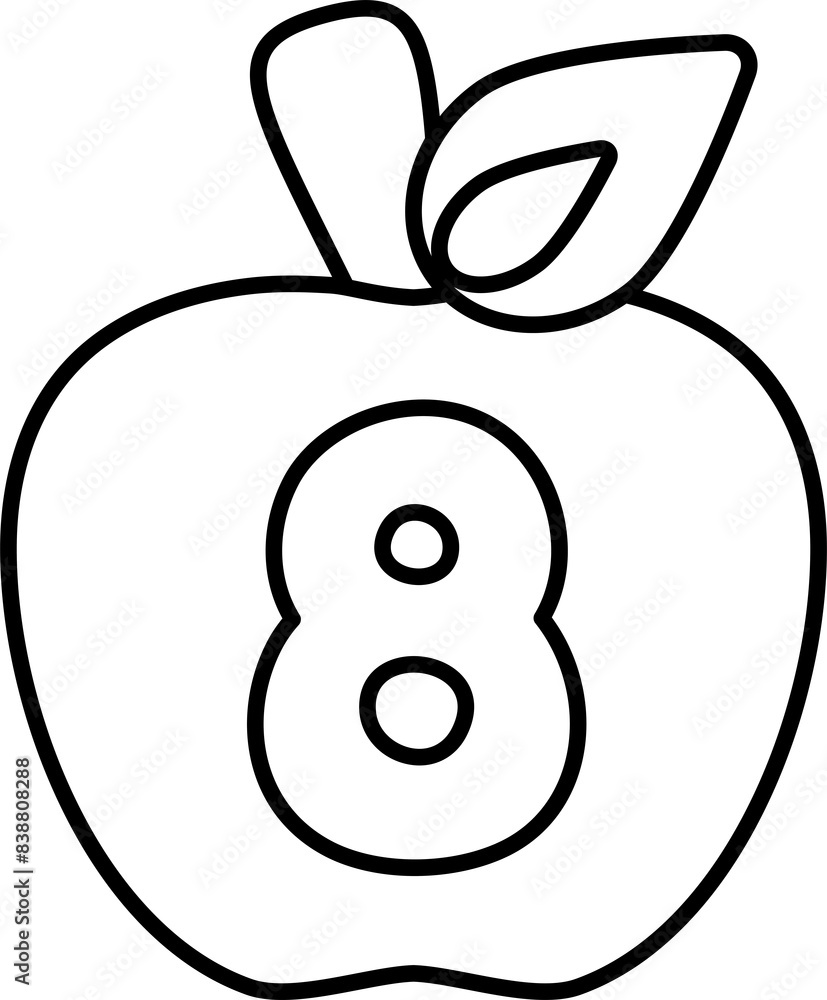 Illustration of apple-shaped numbers outlined in black for a coloring page for kids, number eight. Illustration of apple-shaped numbers outlined in black for a coloring page for kids, number eight.