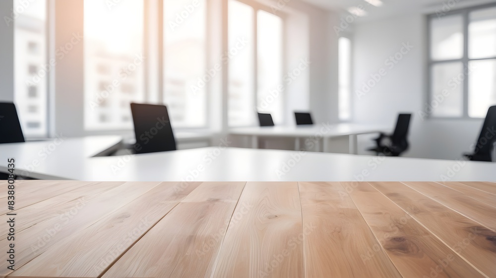 empty wooden desk with blurred business office empty wooden desk with blurred business office