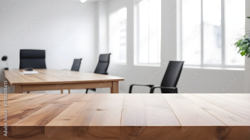 empty wooden desk with blurred business office empty wooden desk with blurred business office
