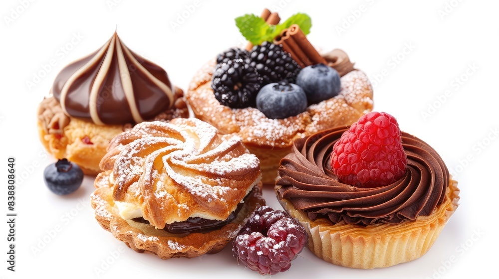 Assorted pastries with berries and chocolate. Assorted pastries with berries and chocolate.