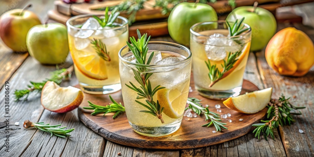 Cocktails with rosemary and apple slices. Cocktails with rosemary and apple slices.