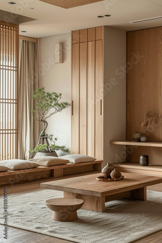 minimalist living room in the japandi style with furniture. photo