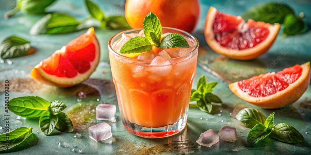 Glass of fresh grapefruit juice with mint. Glass of fresh grapefruit juice with mint.