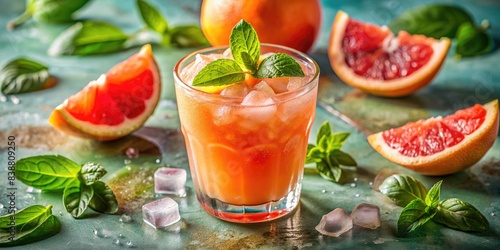 Glass of fresh grapefruit juice with mint.