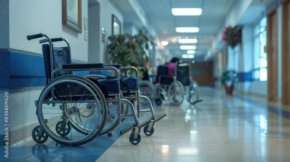 Wheelchairs in the hospital, Wheelchairs waiting for patient services. With light copy space on left area Wheelchairs in the hospital, Wheelchairs waiting for patient services. With light copy space on left area