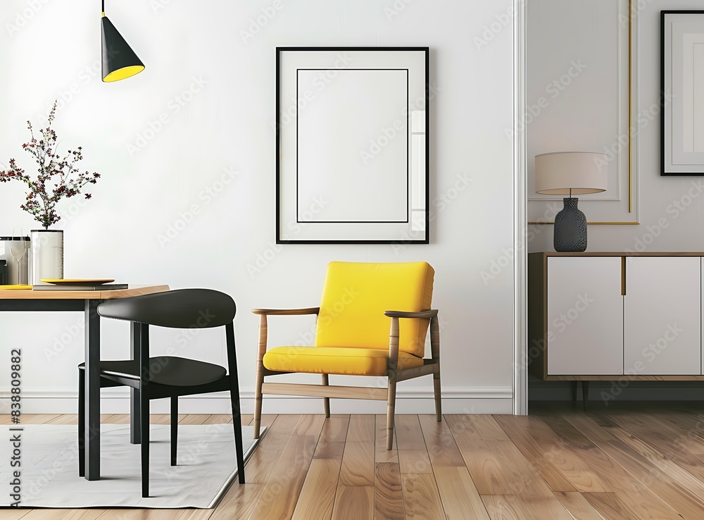 Sleek dining room with yellow chair, black chairs and wooden table against white wall Sleek dining room with yellow chair, black chairs and wooden table against white wall