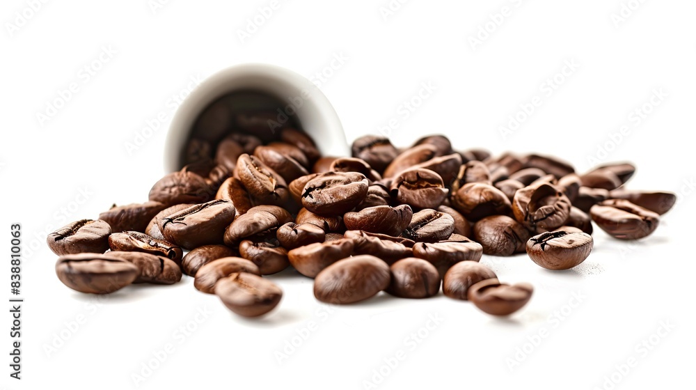 Fototapeta premium Coffee beans spilled from a white cup.
