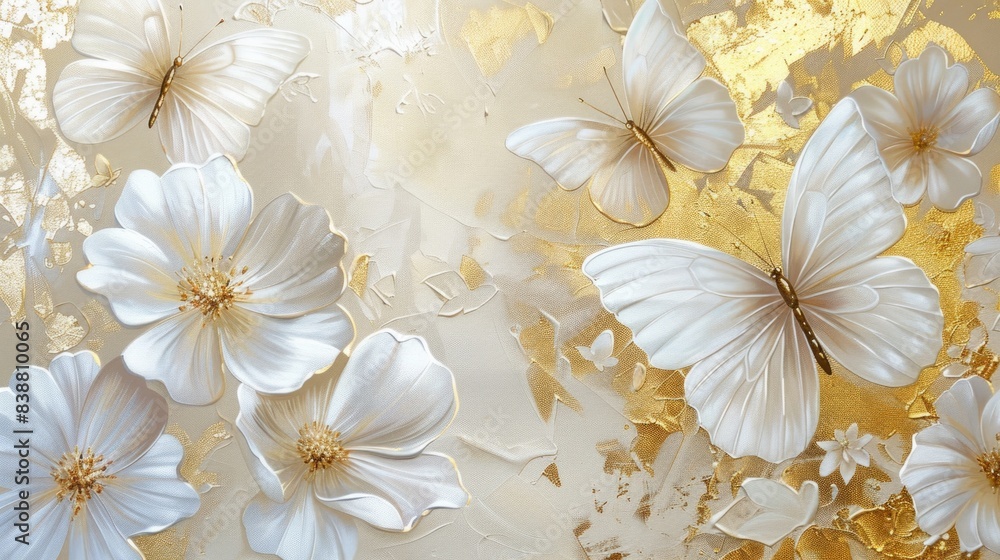 White butterflies on white with gold tint flowers painted with oil.