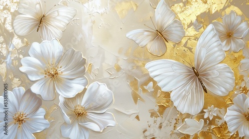 Obraz na płótnie White butterflies on white with gold tint flowers painted with oil. w salonie