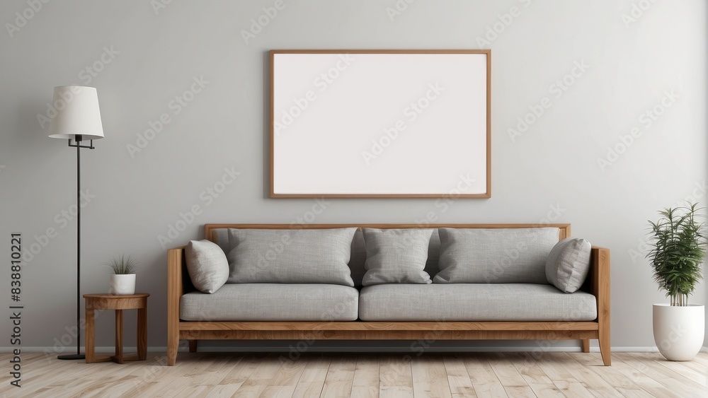Interior home of living room with grey sofa and blank frame poster mock up on white wall Interior home of living room with grey sofa and blank frame poster mock up on white wall