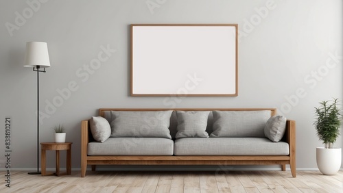Interior home of living room with grey sofa and blank frame poster mock up on white wall