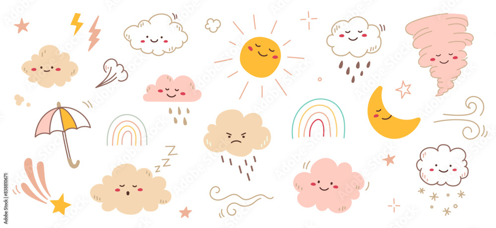Cloud rain weather cartoon cute set. Cloud, sun, moon weather character with smile and angry face. Hand drawn doodle sketch style. Rainbow, wind, tornado doodle character. Vector illustration.