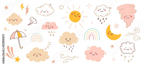 Cloud rain weather cartoon cute set. Cloud, sun, moon weather character with smile and angry face. Hand drawn doodle sketch style. Rainbow, wind, tornado doodle character. Vector illustration.