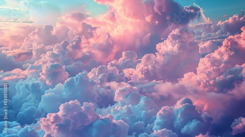 Amazing view of the clouds from above. The colors of the clouds are pink, blue, and white. The clouds are soft and fluffy. photo