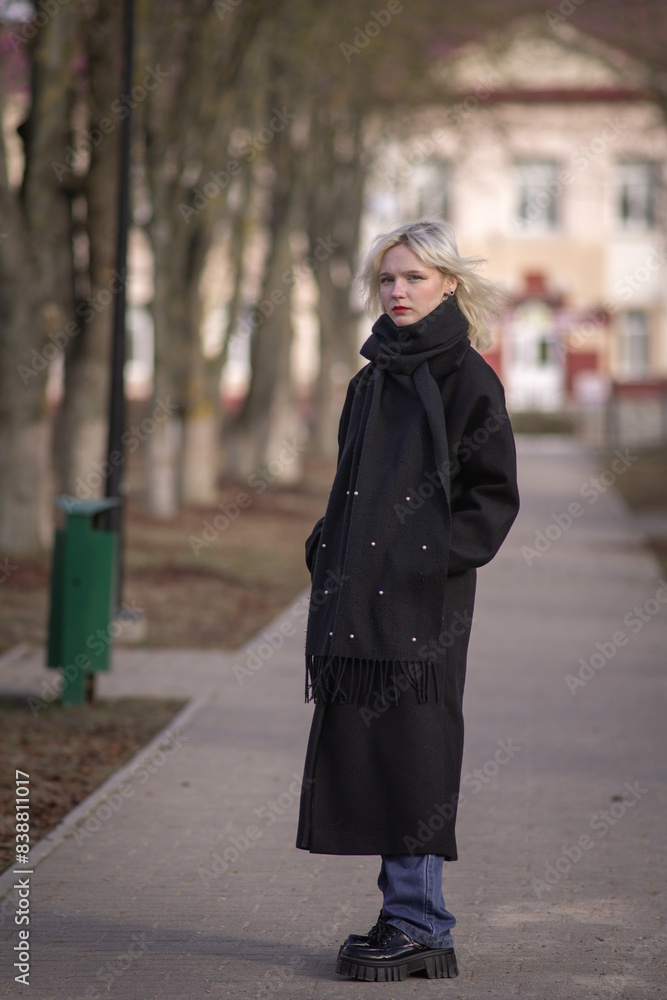 Portrait of a young beautiful blonde girl in a black coat outdoors in autumn. Portrait of a young beautiful blonde girl in a black coat outdoors in autumn.