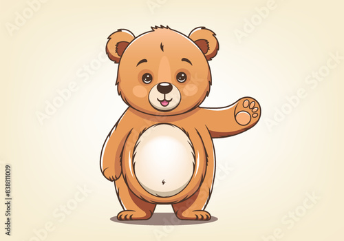 Vector cartoon plush cute beautiful little kind Teddy bear waves his paw. Hello. Gift favorite soft toy. Graphic sticker. Light background.