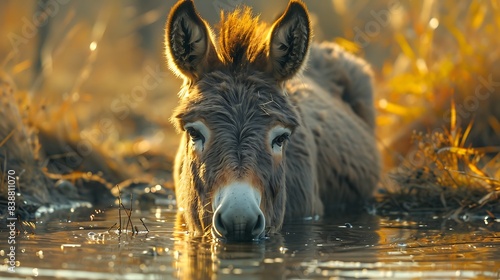  A donkey drinking water from a rustic stone trough