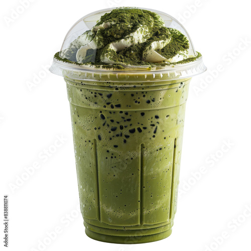 A refreshing green tea frappe topped with whipped cream and sprinkled with matcha powder, served in a plastic cup with a clear lid. isolated PNG transparent background.