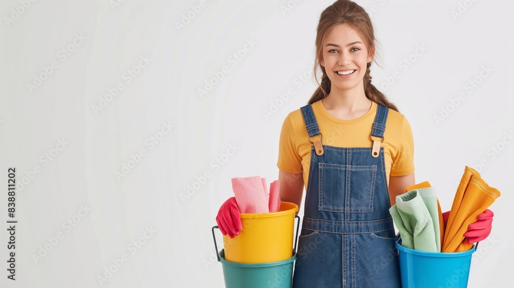 Happy woman with cleaning supplies on a plain light grey background with copy space. Spotless Solutions: Smiling Cleaning Lady Ready to Tackle Any Mess Happy woman with cleaning supplies on a plain light grey background with copy space. Spotless Solutions: Smiling Cleaning Lady Ready to Tackle Any Mess