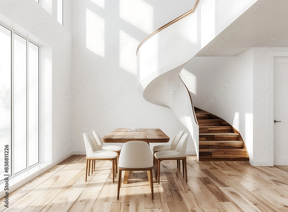 Fototapeta premium Staircase in a modern dining room with a wooden table and chairs, white walls, a wood floor, 