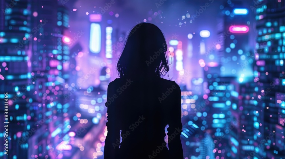 Wide shot of a woman silhouetted against neon city lights Future Wide shot of a woman silhouetted against neon city lights Future