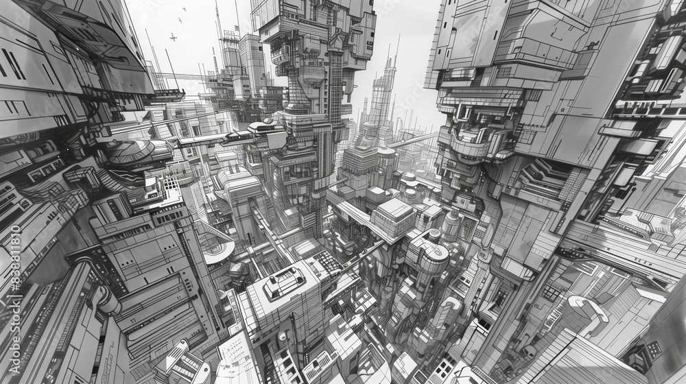 Black and white city drawing