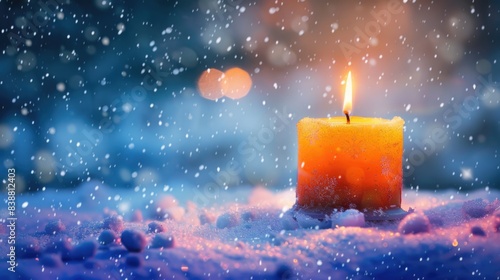 Winter Christmas candle with snow and copy space