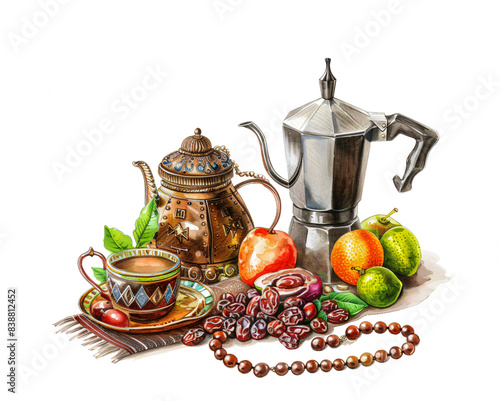 Traditional n tea set with espresso maker and fresh fruits photo