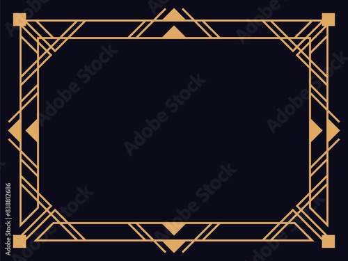 Art deco frame. Vintage linear border. Design a template for invitations, leaflets and greeting cards. Geometric golden frame. The style of the 1920s - 1930s. Vector illustration