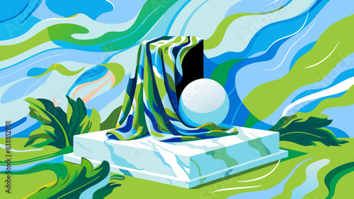 Surreal Landscape with Abstract Waterfall and Geometric Shapes