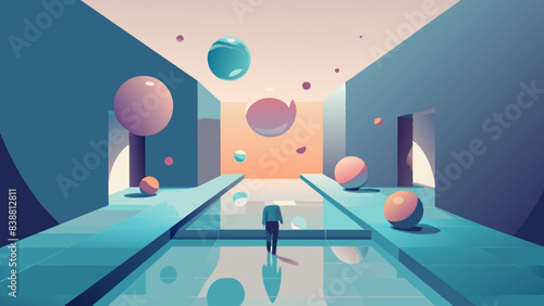 Futuristic Hallway with Floating Orbs and Solitary Figure