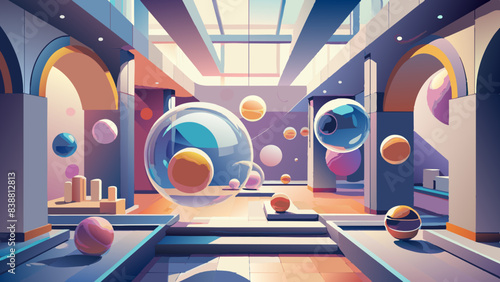 Futuristic Interior Design with Floating Spheres and Vibrant Colors