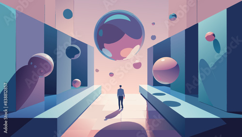 Futuristic Cityscape with Man Observing Levitating Spheres at Dusk