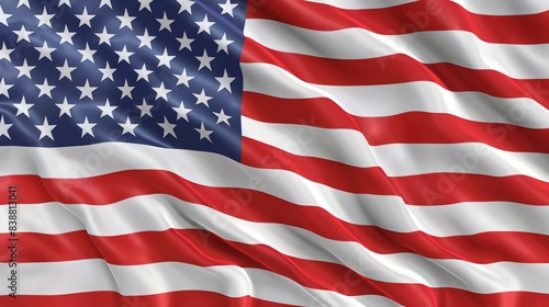 A beautiful waving American flag. The flag is blowing in the wind and the stars and stripes are clearly visible.
