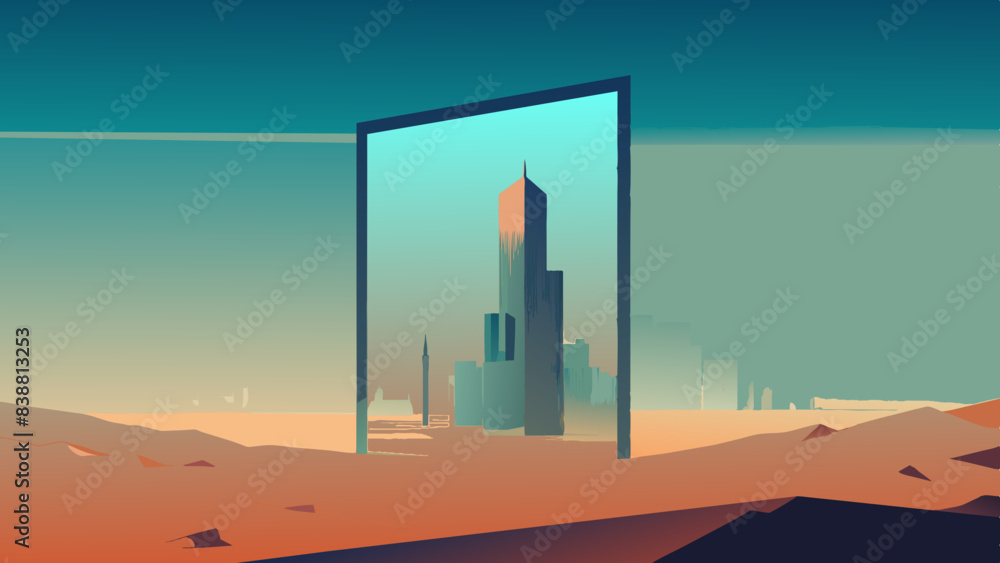 Enigmatic Desert Mirage with Futuristic City Reflection Enigmatic Desert Mirage with Futuristic City Reflection