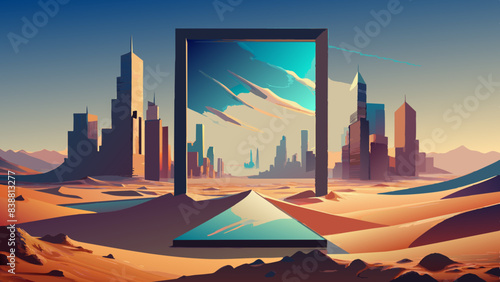 Futuristic City Portal in Desert Landscape Illustration