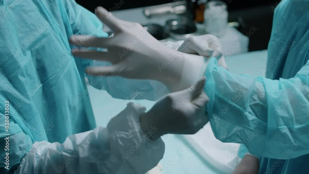 Cropped shot of young Black female medical assistant helping Caucasian male surgeon by putting on gloves on his clean hands, both wearing disposable blue gown while preparing for surgery operation Cropped shot of young Black female medical assistant helping Caucasian male surgeon by putting on gloves on his clean hands, both wearing disposable blue gown while preparing for surgery operation