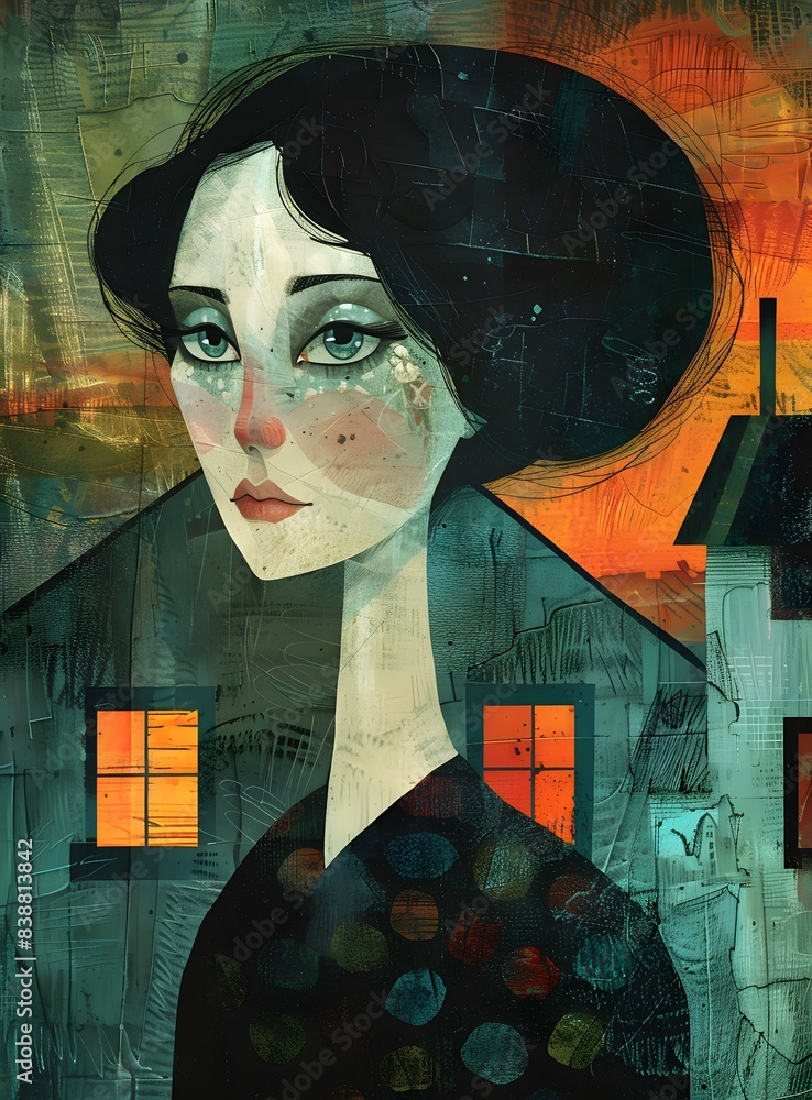 Φωτογραφία Portrait of a young woman with black hair and blue eyes, wearing a black dress w
