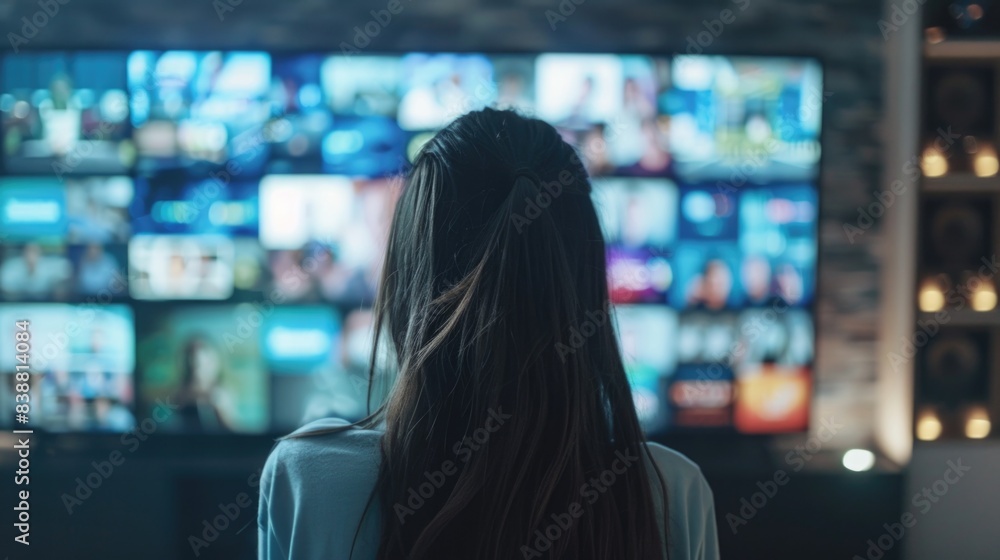 Woman watching smart TV wall, displaying many streaming channels and online media, technology concept.