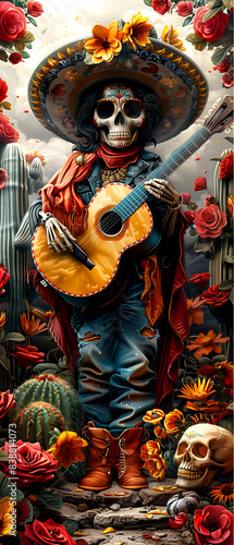 A skeleton dressed in a sombrero and cowboy boots playing a guitar. The image is a colorful and lively representation of Mexican culture and music © Bonya Sharp Claw