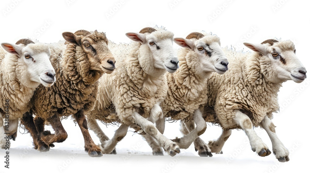Fototapeta premium Group of sheep running in a line, isolated on white background. Energetic and dynamic farm animals in motion.