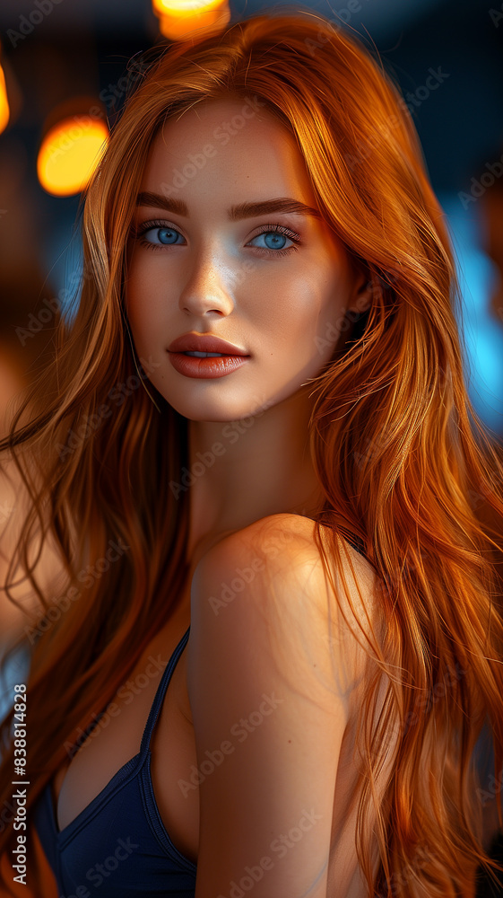 A woman with long red hair and blue eyes is standing in front of a wall. She is wearing a blue top and has a smile on her face A woman with long red hair and blue eyes is standing in front of a wall. She is wearing a blue top and has a smile on her face
