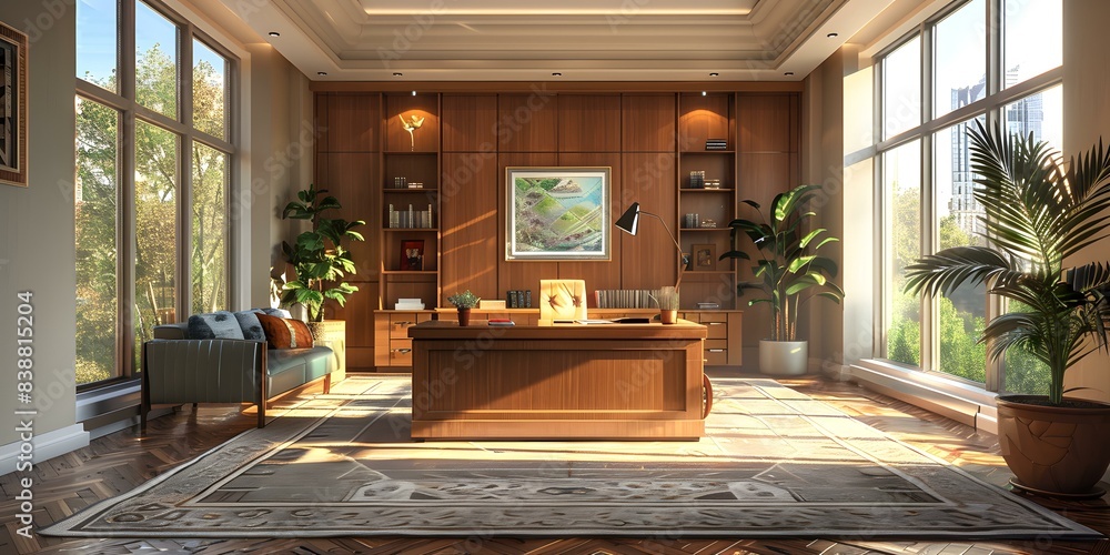 Luxury home office interior with large windows and wooden desk Luxury home office interior with large windows and wooden desk