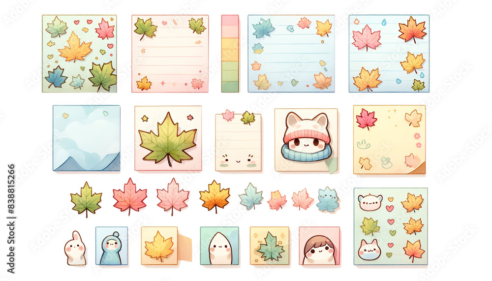 watercolor set of empty cute sticky notes Maple Leaf isolated on transparent background watercolor set of empty cute sticky notes Maple Leaf isolated on transparent background