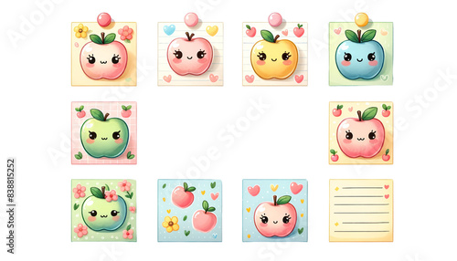 watercolor set of empty cute sticky notes memo apple isolated on transparent background
