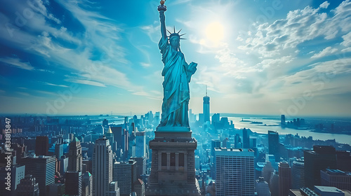 Spectacular cityscape of New York City featuring the iconic landmark of the Liberty Statue in Manhattan, symbolizing freedom and national pride. Perfect for tourism and travel promotions. photo