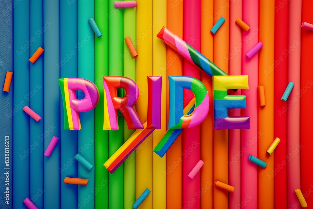 Fototapeta premium Colorful pride lettering with vibrant rainbow textures celebrating unity and diversity in a bright dynamic illustration