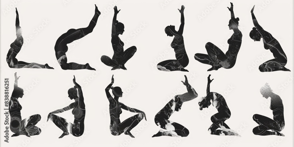 Yoga positions vector drawing, monochrome, black and white, sequence, long exposure, line drawing Yoga positions vector drawing, monochrome, black and white, sequence, long exposure, line drawing