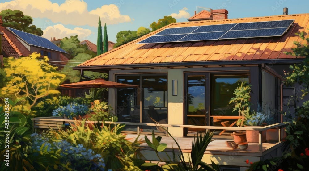 a modern house proudly displays its solar panels atop the classic architecture, embraced by the verdant embrace of surrounding trees. a modern house proudly displays its solar panels atop the classic architecture, embraced by the verdant embrace of surrounding trees.