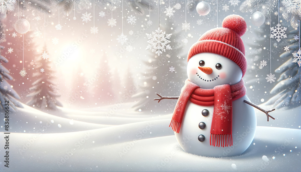 Fototapeta premium Cheerful Snowman in Winter Wonderland.